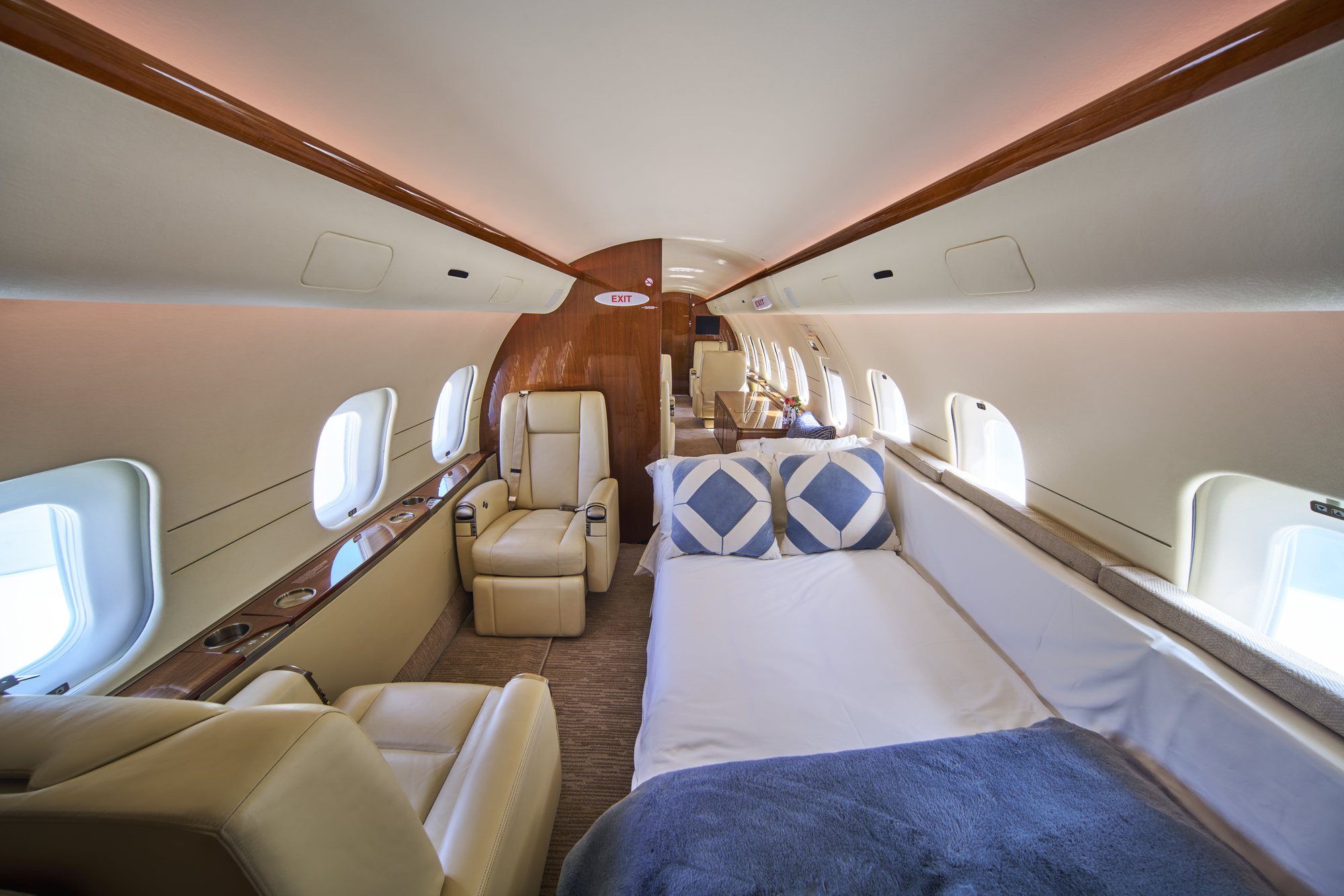 2007 Bombardier Global 5000 aft cabin, view looking aft toward the private divan and lounge area
