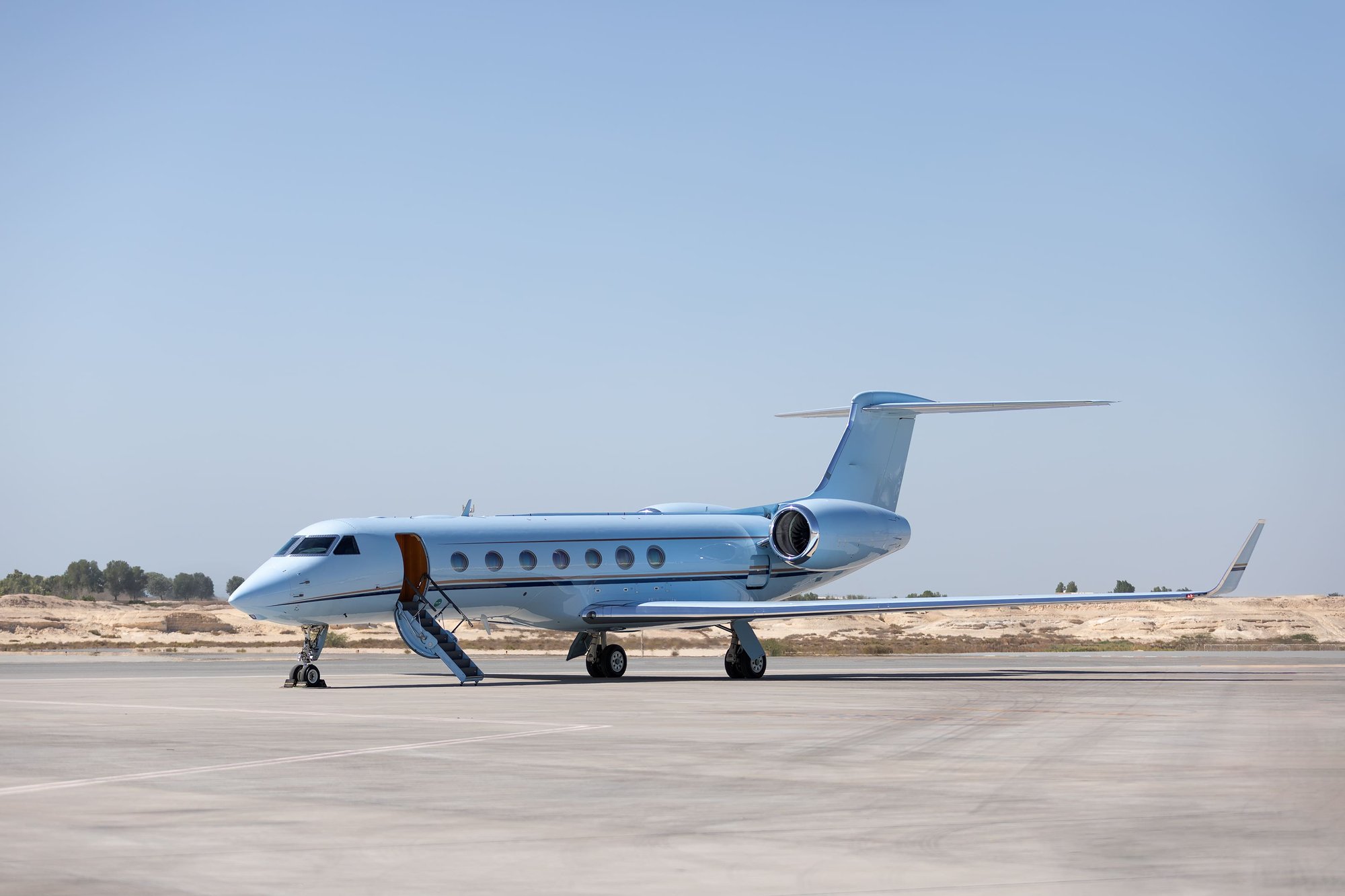 Impeccably maintained 2010 Gulfstream G550 finished in a refined light blue exterior, combining timeless elegance with intercontinental performance. Featuring sleek aerodynamic lines, signature oval windows, and powerful rear-mounted Rolls-Royce engines, this aircraft embodies sophistication and range — ready to deliver non-stop luxury travel for global business or leisure missions.