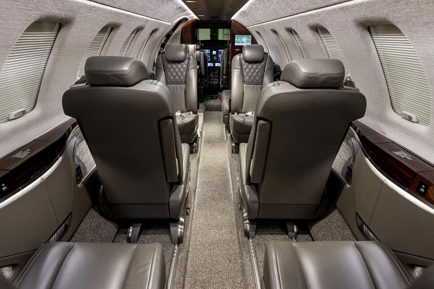 Interior view from the back to the front of the 2023 Citation CJ4 Gen2 private jet.