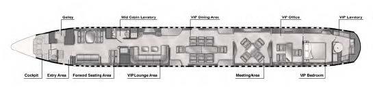 A detailed map of the 2018 Boeing Business Jet 2 (BBJ2) interior, showcasing the aircraft’s thoughtfully designed living spaces. From executive lounges and conference areas to private staterooms and VIP amenities, the floor plan highlights the seamless blend of luxury, comfort, and functionality throughout the cabin.