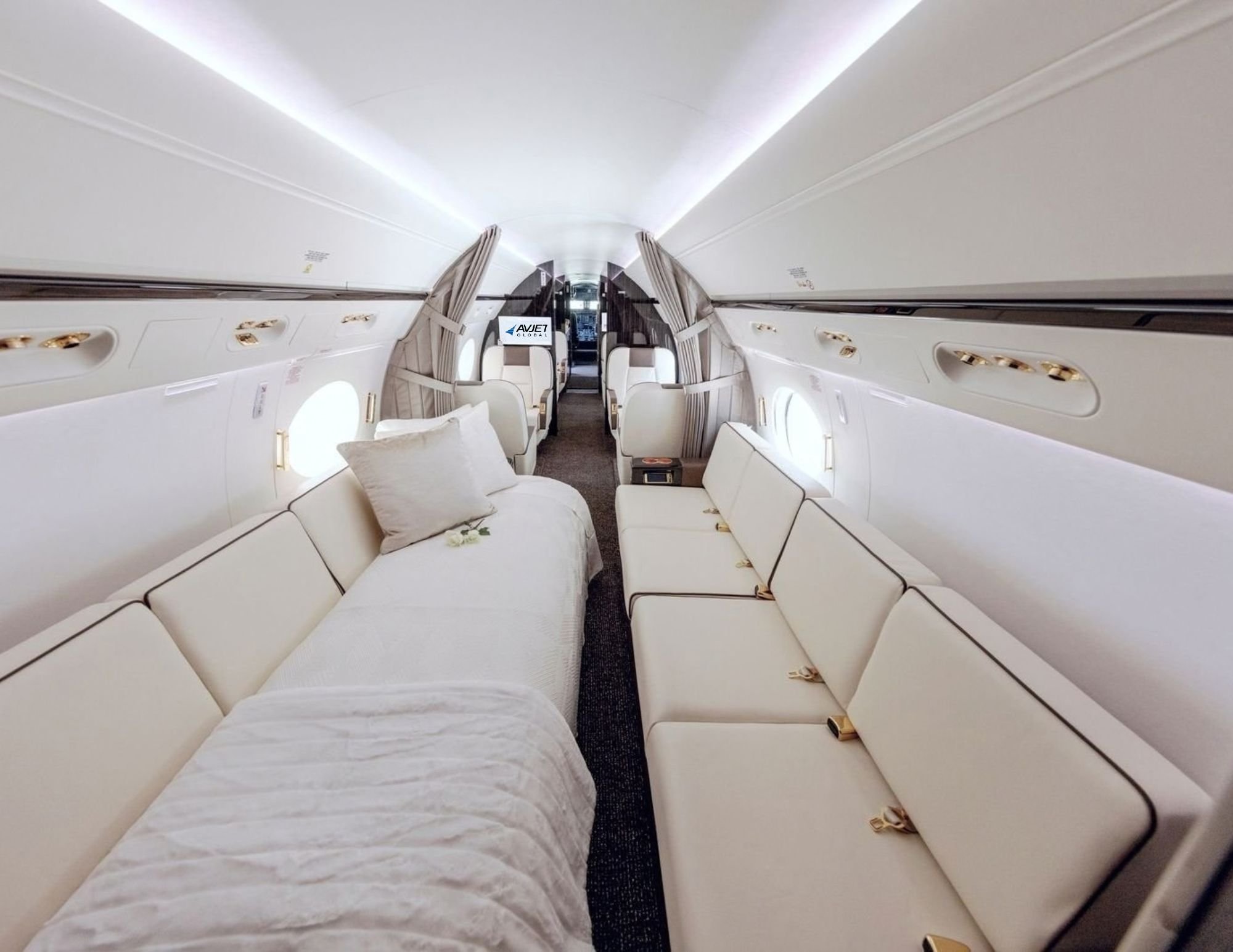 Aft cabin of a 1999 Gulfstream GV with divan made up as a bed