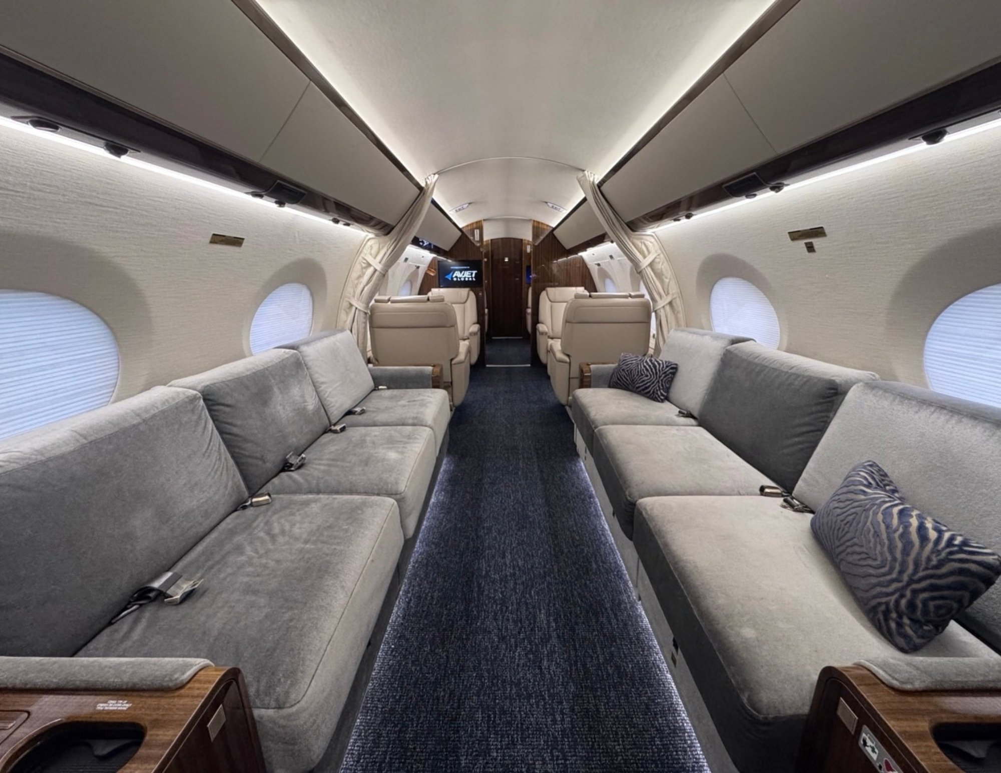 Aft cabin of a 2015 Gulfstream G650ER, view looking forward