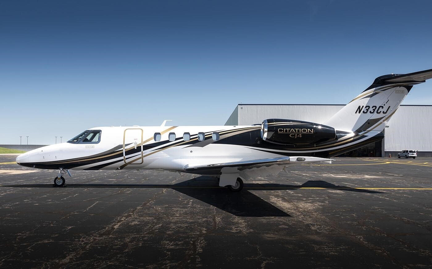 Exterior view of the sleek and modern 2023 Citation CJ4 Gen2 private jet.