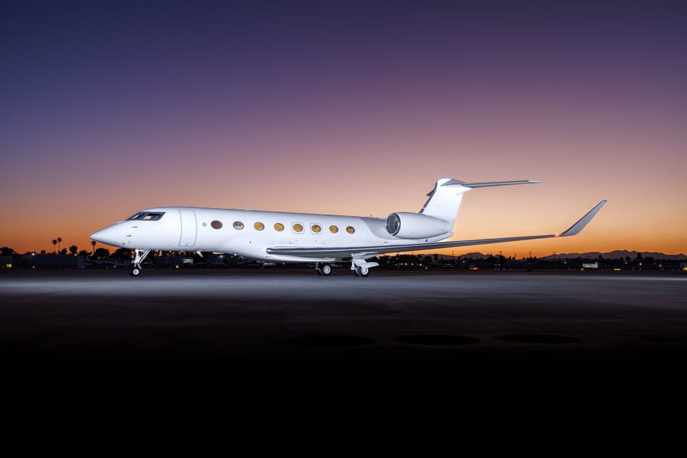 Sleek exterior of a Gulfstream 650ER private jet by Avjet, showcasing aerodynamic design and luxury in aviation.