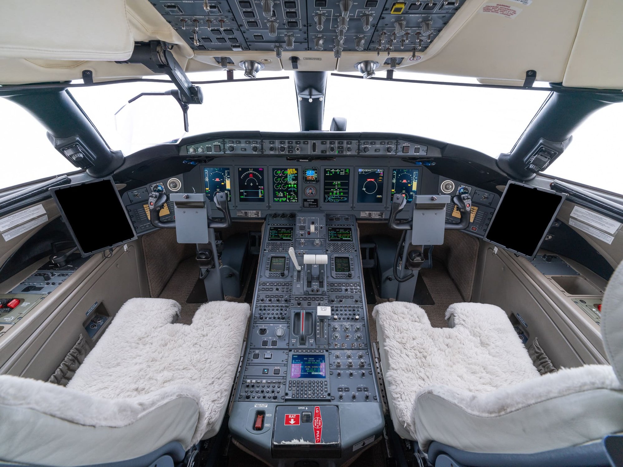 The Flight Deck of the 2007 Bombardier Global XRS features advanced avionics, ergonomic controls, and a modern cockpit layout designed for precision, safety, and efficient long-range flight operations.