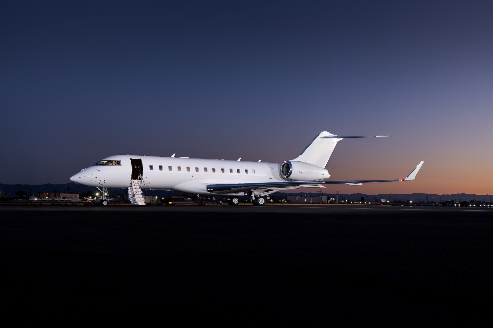 2007 Bombardier Global XRS exterior showcasing its distinctive sleek profile, elegant design, and long-range performance, combining refined styling with the commanding presence of a premier business jet.