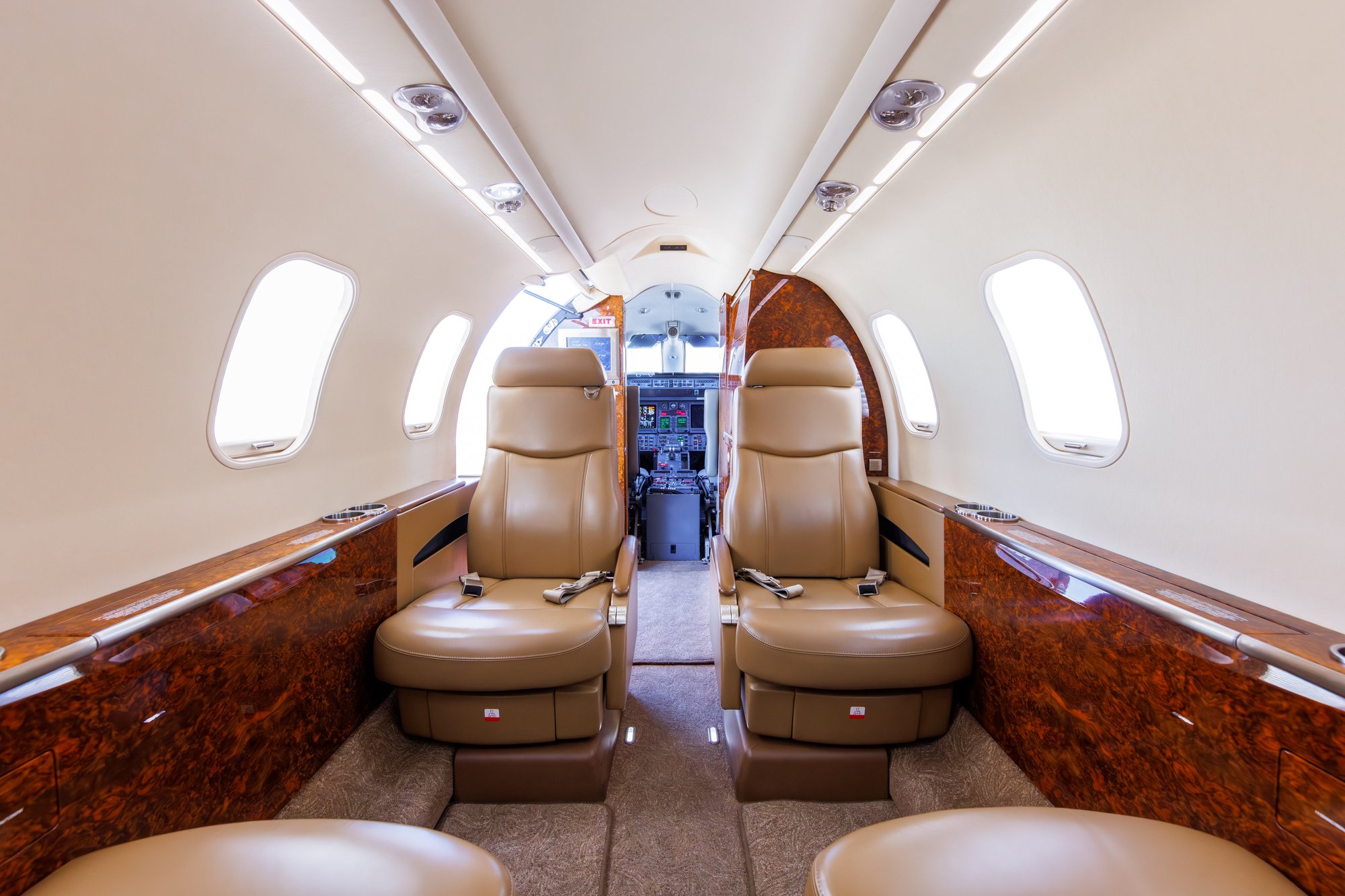 Forward cabin, forward view of the 2006 Learjet 45 XR, highlighting elegant seating and sophisticated design in a premier private jet