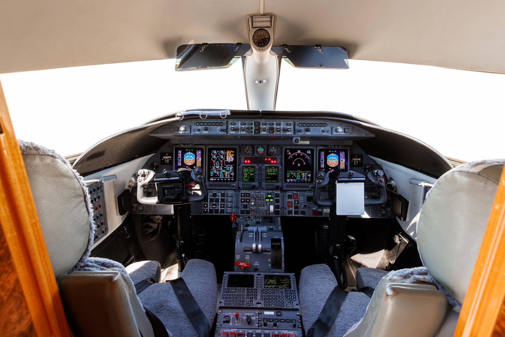 Flight deck of the 2006 Learjet 45 XR, featuring advanced avionics and a streamlined cockpit design for enhanced pilot control and safety.