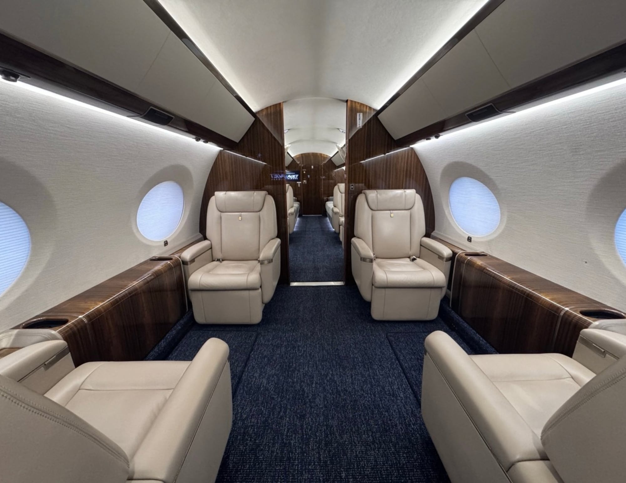 Forward cabin of a 2015 Gulfstream G650ER, view looking aft